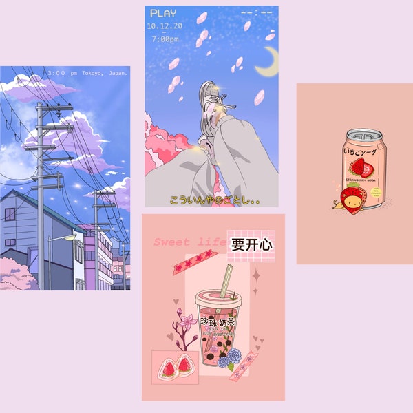 Mini Cute prints, mini wall art prints, kawaii art, mini art print set, mini art prints, set prints,