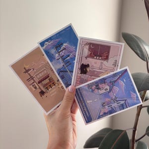 Mini Art Prints, Japanese Anime Style Cityscape Wall Decor, Glossy Water Resistant (3x5 Inches)