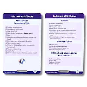 Op de afbeelding: Een dubbelzijdige gelamineerde kaart met een checklist voor post-valbeoordeling. De voorzijde bevat een lijst met beoordelingstappen, waaronder bewustzijn, vitale functies, neurologische beoordeling en mogelijke verwondingen. De achterzijde bevat een lijst met acties, documentatie en een checklist voor neurologische beoordeling.
