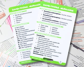 FR Examen physique - neurologique, cartes de référence en soins infirmiers, carte badge, carte de poche, cartes de cordon, aide mémoire