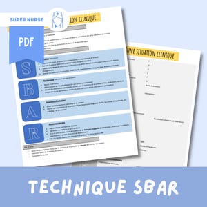 以下が含まれることがあります： 「SUPER NURSE」と「ION CLINIQUE」というテキストが上部に書かれた青と黄色の印刷可能なワークシート。ワークシートのタイトルは「TECHNIQUE SBAR」で、看護師が患者の状態について他の医療従事者とコミュニケーションをとる際に使用するガイドです。ワークシートには、状況、背景、評価、推奨を表す「SBAR」という頭字語が含まれています。