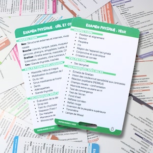 FR Examen physique - yeux, ORL et cou, carte de référence en soins infirmiers, carte badge, carte de poche, carte de cordon, aide mémoire