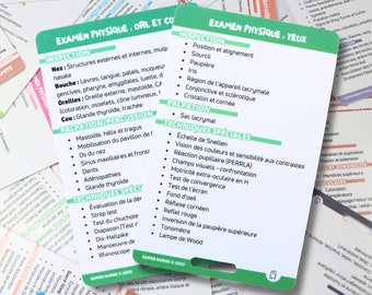 FR Examen physique - yeux, ORL et cou, carte de référence en soins infirmiers, carte badge, carte de poche, carte de cordon, aide mémoire