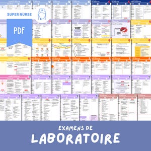 Peut inclure: Une collection de documents PDF colorés contenant des informations médicales. Les documents sont disposés en grille, avec des titres et des schémas. Les mots "SUPER NURSE" et "PDF" sont visibles. Le bas de l'image porte l'inscription "EXAMENS DE LABORATOIRE".