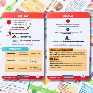 May include: Two illustrated cards with instructions for CPR and Code Blue medical emergencies. The CPR card has a red exclamation point and the text "CPR - CAB" in red. The Code Blue card has a blue exclamation point and the text "CODE BLUE" in blue. Both cards have a red heart icon.