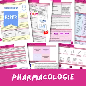 May include: A pink and white illustrated guide to pharmacology with the title "Pharmacology" in large, bold letters. The guide includes sections on pharmacokinetics, pharmacodynamics, general principles, and medication administration.