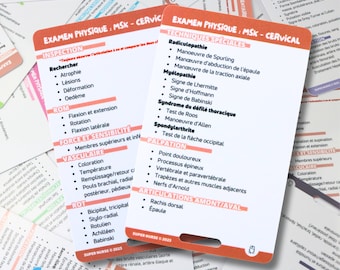 FR Examen physique - msk (cervical), carte de référence en soins infirmiers, carte badge, carte de poche, carte de cordon, aide mémoire