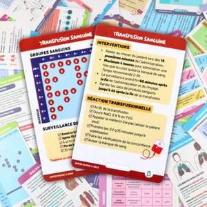FR Transfusion sanguine, groupes sanguins Cartes de référence soins infirmiers, carte badge, cartes de poche, cartes de cordon, aide mémoire