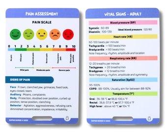 Signos vitales de adultos, evaluación del dolor, tarjetas de referencia de enfermería, tarjetas de identificación de enfermería, tarjeta de bolsillo, tarjeta con cordón, regalo de enfermería, notas de enfermería