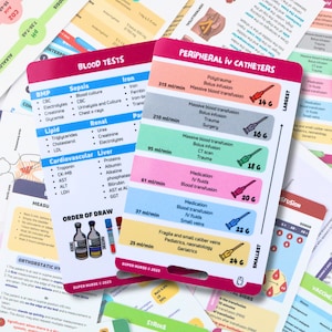 EN Peripheral IV catheters, blood tests, nursing reference cards, nursing badge cards, pocket card, lanyard card, nurse gift, nursing notes