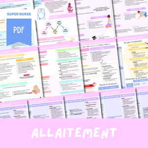 Può includere: Una raccolta di documenti PDF rosa e bianchi con testo e illustrazioni sull'allattamento. I documenti includono titoli come "Super Nurse" e "Allaitement", con diagrammi ed elenchi. La parola "PDF" è visibile su un documento.