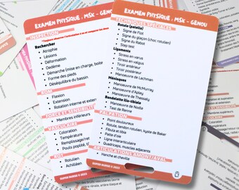 FR Examen physique, msk (genou), carte de référence en soins infirmiers, carte badge, carte de poche, carte de cordon, aide mémoire