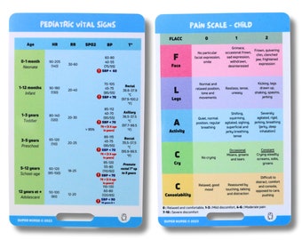EN Pediatrische vitale functies en pijnschaal, verpleegkundige referentiekaarten, verpleegkundige badgekaarten, zakkaartje, keycordkaart, verpleegkundige cadeau, verpleegkundige aantekeningen