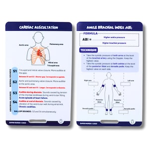 EN Cardiac auscultation and ABI, nursing reference cards, nursing badge cards, pocket card, lanyard card, nurse gift, nursing notes, medsurg