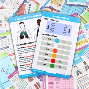 FR Auscultation pulmonaire et oxygéno. Cartes de référence en soins infirmiers, carte badge, cartes de poche, cartes de cordon, aide mémoire