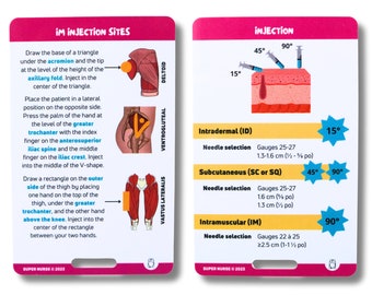 May include: Two white reference cards with pink borders titled IM Injection Sites and Injection. The cards feature anatomical diagrams, text instructions, and needle angle guides for intradermal, subcutaneous, and intramuscular injections.