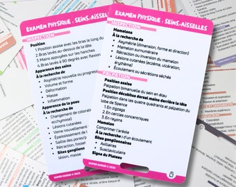 FR Examen physique - seins & aisselles, cartes de référence en soins infirmiers, carte badge, carte de poche, cartes de cordon, aide mémoire