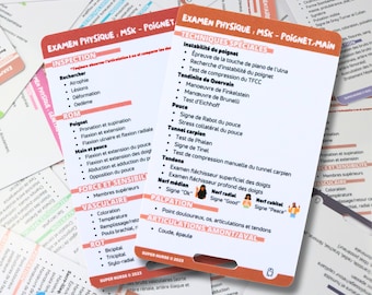 FR Examen physique, msk (poignet & main), carte de référence en soins infirmiers, carte badge, carte de poche, carte de cordon, aide mémoire