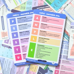 FR Anamnèse (PQRSTU-AMPLE) Cartes de référence en soins infirmiers, carte badge, cartes de poche, cartes de cordon, aide mémoire