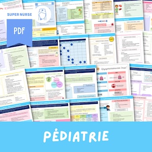May include: A colourful set of printable PDF documents for nurses, featuring the words "SUPER NURSE" and "PEDIATRIE". The documents cover various topics related to paediatrics, including vaccinations, constipation, and dehydration.