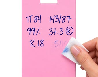 May include: A rectangular pink dry-erase board with a top slot, featuring blue handwritten medical data including 84, 143/87, 99%, 37.3, and R 18. A white cloth is wiping away the blue ink text 5/10 from the smooth surface of the pink board.