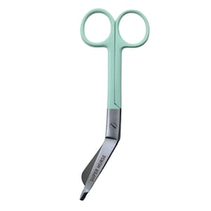 May include: A pair of mint green bandage scissors with a curved blade. The scissors have a silver blade and the text "SUPER NURSE" is engraved on the blade.