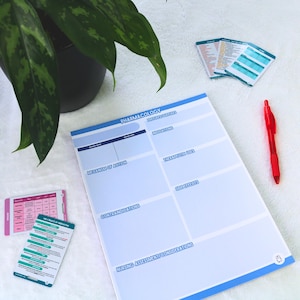 Peut inclure: Un guide d'étude de pharmacologie avec un design bleu et blanc, comprenant des sections pour les indications, les utilisations thérapeutiques et les effets secondaires. Un stylo rouge et plusieurs fiches sont également visibles. Une plante en pot est en arrière-plan.