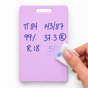 May include: A rectangular light purple dry-erase board with a top slot, featuring handwritten blue ink text including "P 84", "143/87", "99%", "37.3 R", and "R 18". A white cloth is shown wiping away a portion of the blue ink from the board surface.