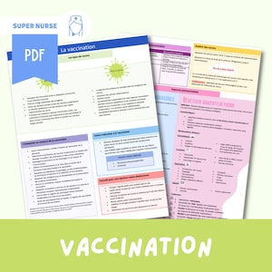 May include: A pink and green illustrated guide to vaccination in French. The guide includes information on the types of vaccines, contraindications, and anaphylactic reactions. The title of the guide is "La vaccination".