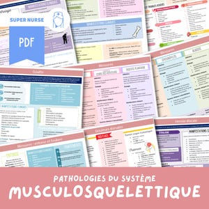 May include: A colourful infographic poster with the title "Pathologies du Système Musculosquelettique" and various medical terms and illustrations related to musculoskeletal conditions. The poster is designed for nurses and healthcare professionals.