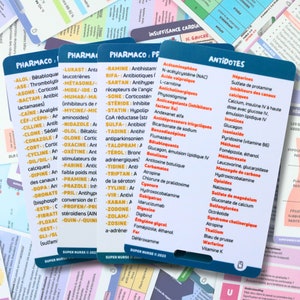 FR Préfixes, suffixes et antidotes (pharmac) Cartes référence soins infirmiers, carte badge, cartes de poche, cartes de cordon, aide mémoire