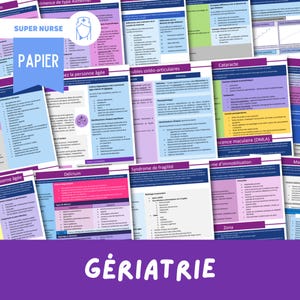 May include: A collage of colourful informational cards with the title "Geriatrie" in large, bold letters. The cards contain text and illustrations related to various medical conditions and treatments for older adults. The cards are arranged in a random pattern, creating a visually stimulating and informative image.