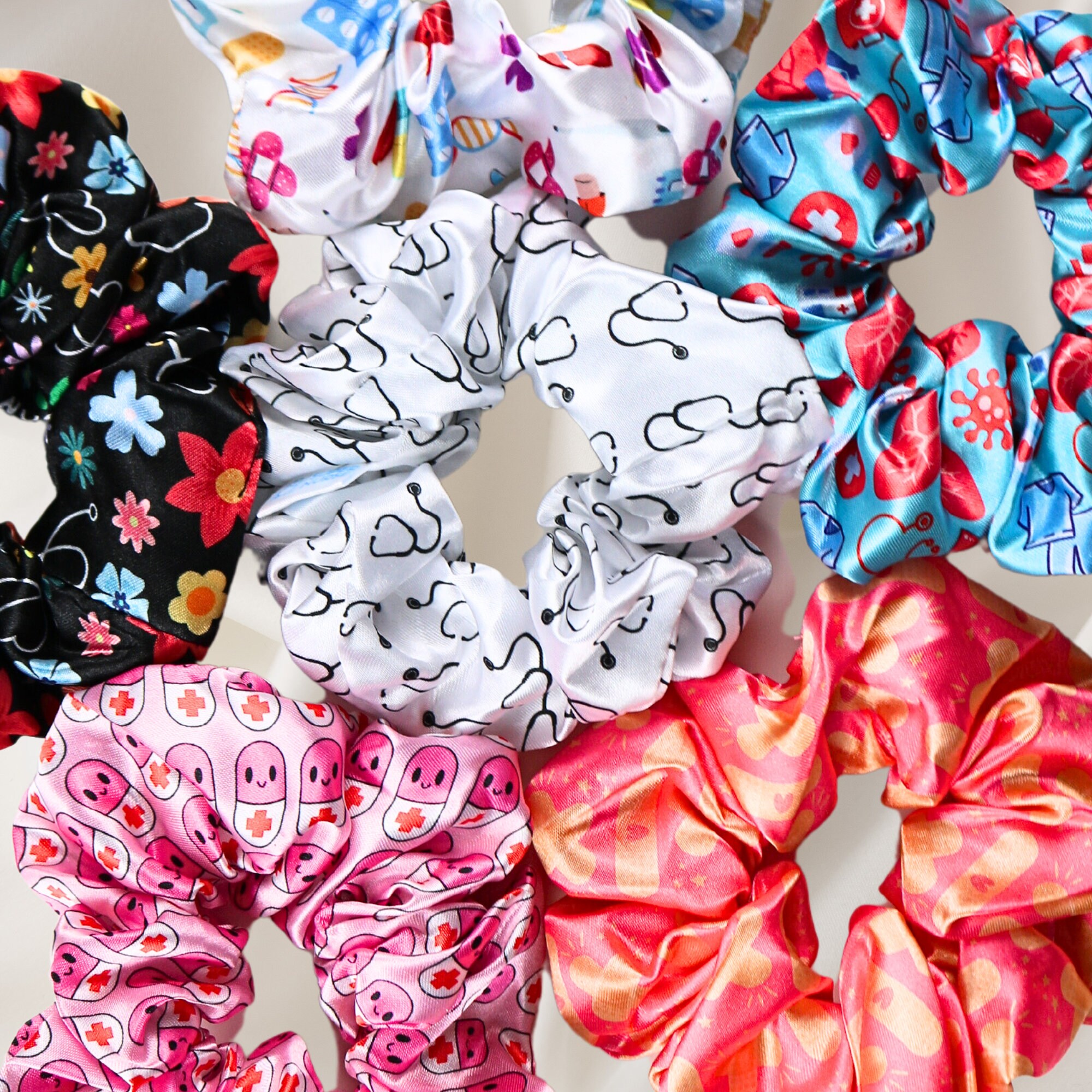 Set of 6 scrunchies, nurse scrunchies, medical scrunchies, hair tie, nurse gift, nurse accessories, medical theme