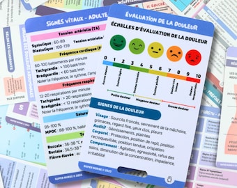 FR Signes vitaux, évaluation douleur adulte cartes référence soins infirmiers, carte badge, cartes de poche, cartes cordon, aide mémoire