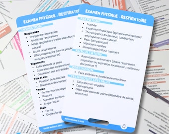 FR Examen physique - respiratoire, cartes de référence en soins infirmiers, carte badge, carte de poche, cartes de cordon, aide mémoire