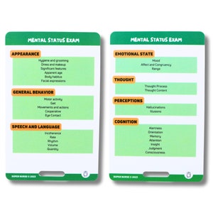 EN Mental status exam, psychiatry, mental health, nursing reference cards, nursing badge cards, pocket card, lanyard card, nurse gift