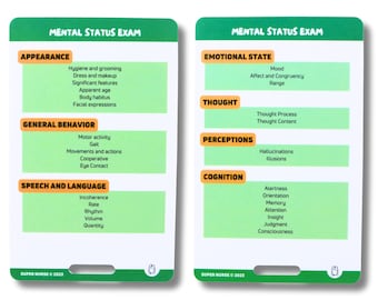 EN Mental status exam, psychiatry, mental health, nursing reference cards, nursing badge cards, pocket card, lanyard card, nurse gift