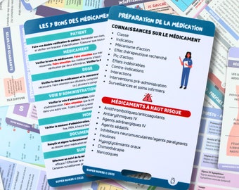 FR Pharmacologie, préparation médicament, 7 bons, Cartes référence soins infirmiers, carte badge, cartes poche, cartes cordon, aide mémoire