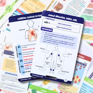 PT Auscultação cardíaca e ITB, cartões de referência de enfermagem, cartões de crachá de enfermagem, cartão de bolso, cartão de cordão, presente de enfermeira, notas de enfermagem, medsurg