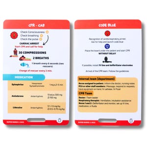 May include: Two rectangular medical reference cards with rounded corners. The left card titled CPR-CAB outlines cardiac arrest protocols, compression ratios, and medication dosages. The right card titled CODE BLUE details team roles and emergency procedures.