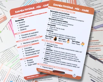 FR Examen physique, msk (coude), carte de référence en soins infirmiers, carte badge, carte de poche, carte de cordon, aide mémoire