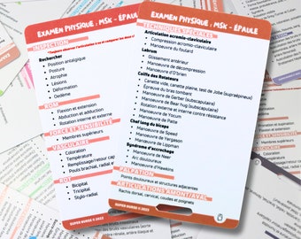 FR Examen physique, msk (épaule), carte de référence en soins infirmiers, carte badge, carte de poche, carte de cordon, aide mémoire