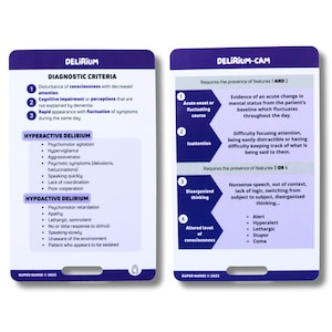 Puede incluir: Dos tarjetas azules y blancas con el texto "DELIRIUM" y "DELIRIUM-CAM" en ellas. Las tarjetas enumeran los criterios de diagnóstico para el delirium y el delirium-CAM, que son afecciones médicas que afectan el estado mental.