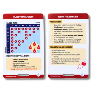 May include: Two rectangular reference cards titled BLOOD TRANSFUSION with red headers. The left card displays a blood type compatibility chart and vital sign monitoring steps. The right card lists transfusion procedures and reaction protocols.