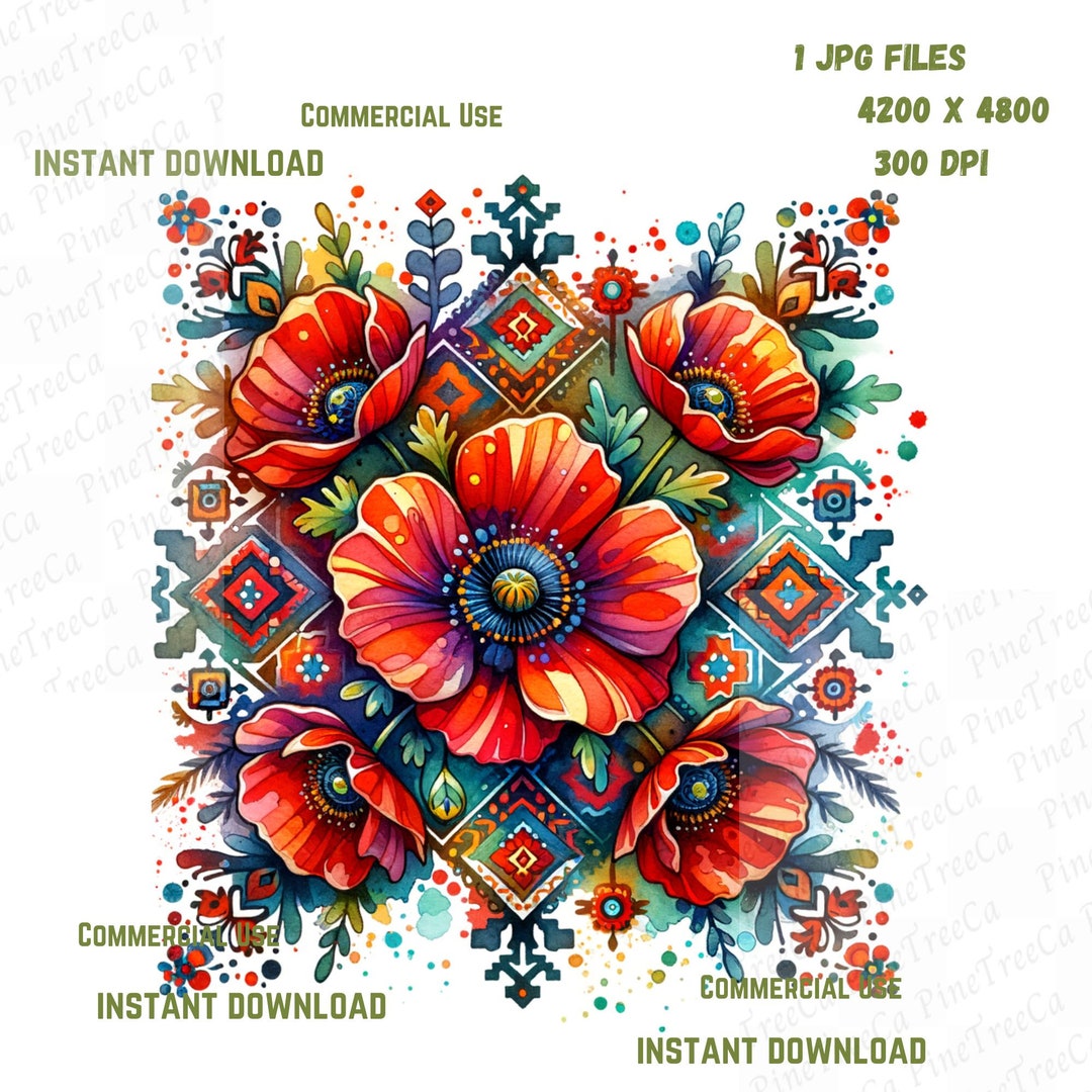 Watercolor Native Pattern Poppies Instant Download Commercial Use 1 JPG ...