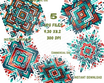Watercolor Native Pattern Clipart, Commercial Use (5 JPG Files)