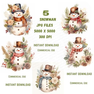 Vintage Snowman Clipart Bundle 5 High Quality Watercolor JPGs,Winter Holiday,Scrapbook,Christmas printable paper Digital Commercial use