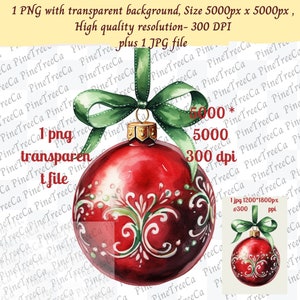 水彩クリスマス ボーブル PNG、クリスマス ボーブル png、リボン付きクリスマス ボーブル水彩 JPG、透明 PNG、即時ダウンロード