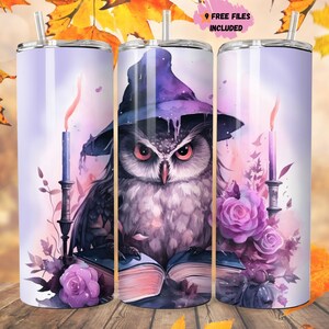 Pastel Owl with books 20 oz Skinny Tumbler Sublimation Design Digital Download PNG Instant DIGITAL ONLY, Owl with  Witch hat Tumbler Wrap