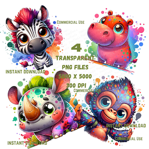 Quirky Animals PNG Clipart Bundle Whimsical Safari animals Sublimation clip art Whimsy Nursery Party graphics Silly illustration